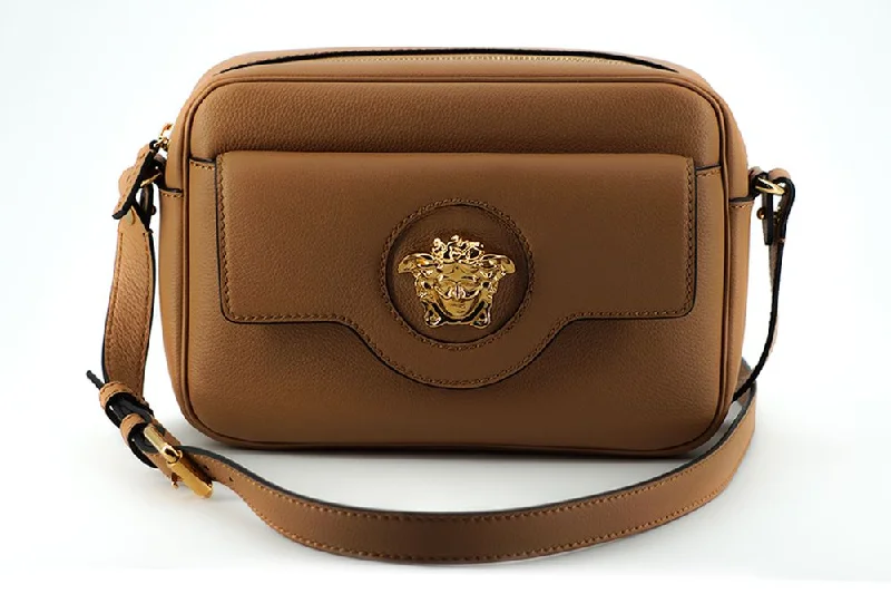 Versace Elegant Brown Leather Camera Case Shoulder Women's Bag