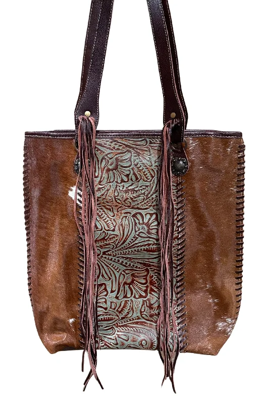 Dakota Hand-Tooled Hide Tote Brown