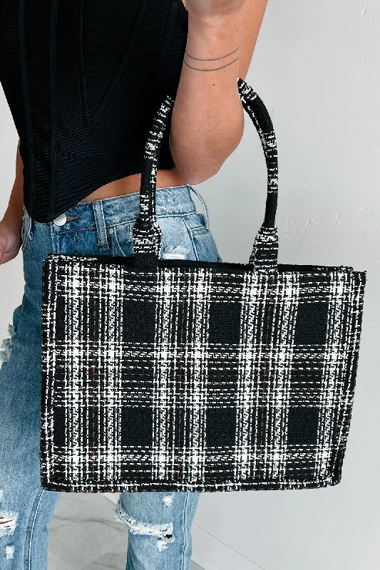 Essence Of Elegance Structured Plaid Tote Bag (Black)