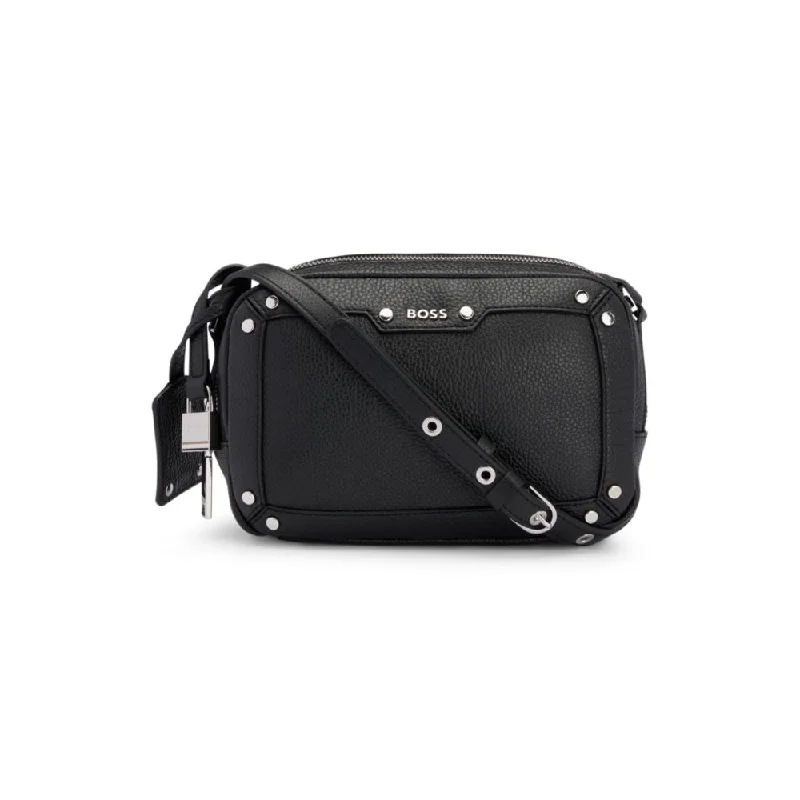 Grained-leather crossbody bag with hardware trims