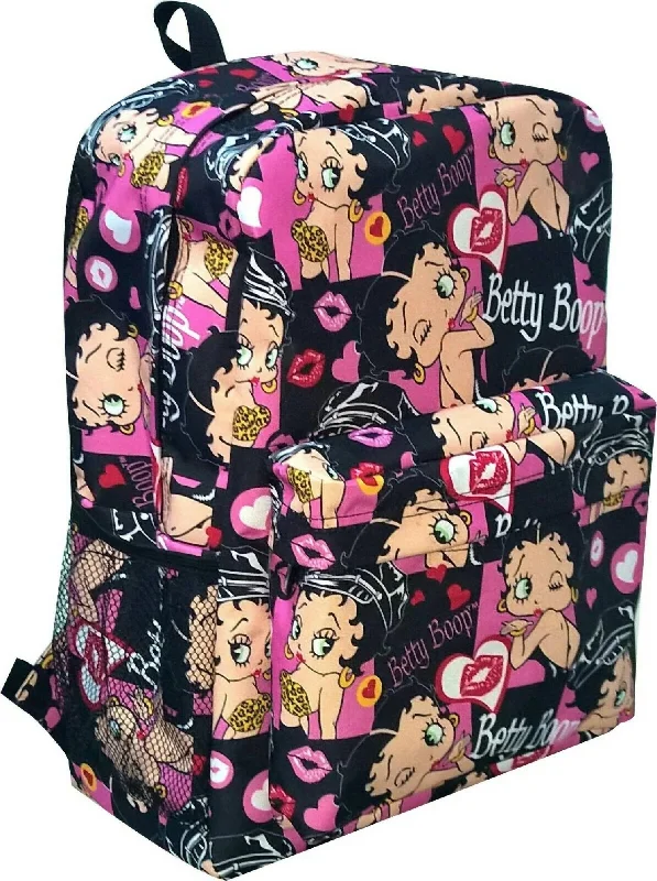 Women's Microfiber Large Backpack In Black With Hearts & Lips