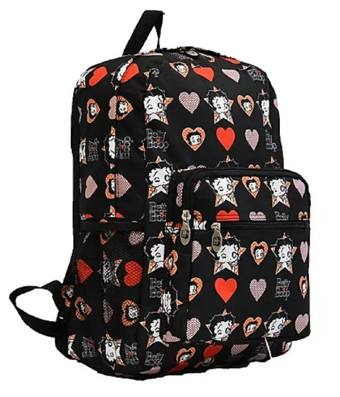 Women's Microfiber Large Backpack In Black With Hearts/stars