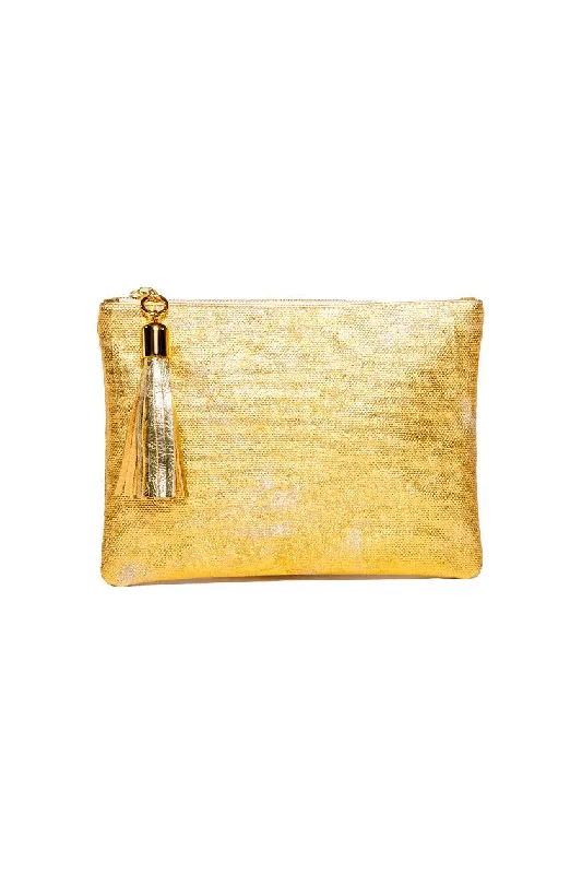 Shaker Metallic Gold Coated Canvas Tassel Clutch