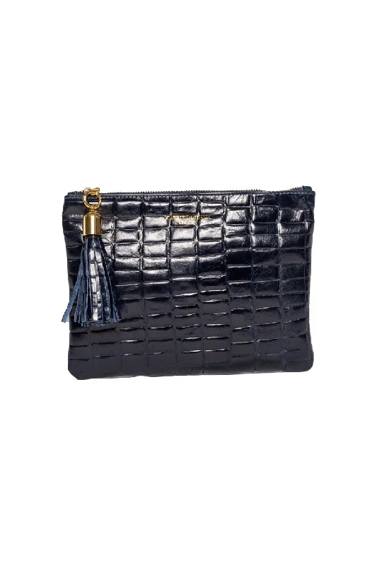 Shaker Shiny Dark Navy Croc Embossed Tassel Clutch