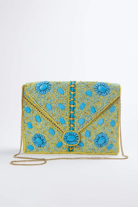 Vasant Handmade Beaded Shoulder Clutch Bag In Turquoise