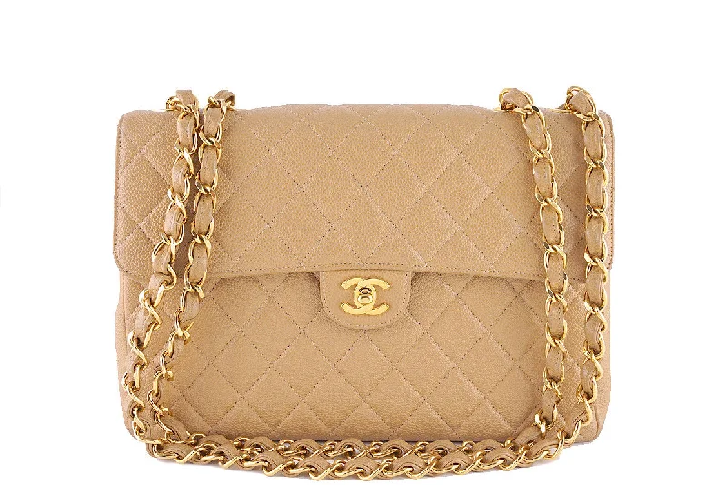 Chanel Beige Caviar Jumbo Quilted Classic 2.55 Flap Bag