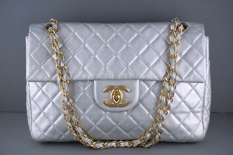 Chanel Silver 13in. Maxi Quilted Classic 2.55 Jumbo XL Flap Bag