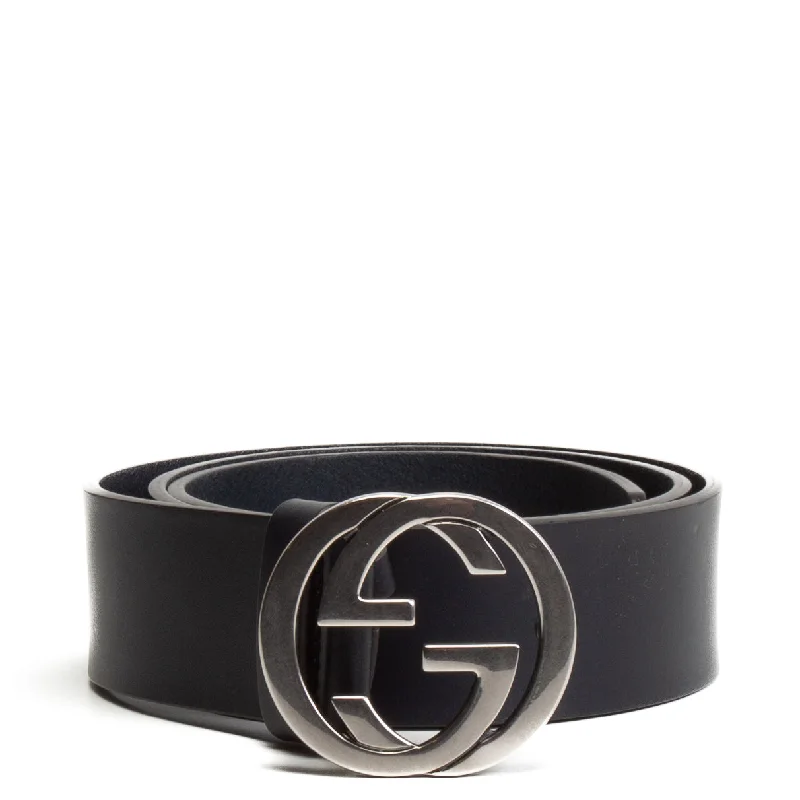 GUCCI Interlocking G Logo Leather Belt - Navy