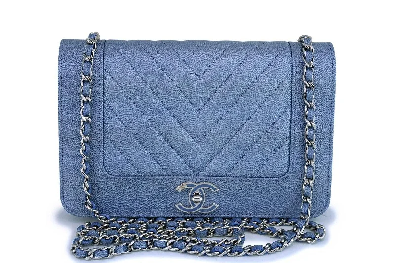 NIB 19P Chanel Iridescent Pearly Blue Caviar Mademoiselle Chevron Wallet on Chain WOC Bag