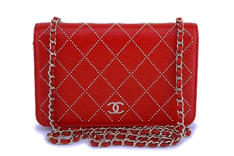 NIB 19P Chanel Red Goatskin Gold Studded Wallet on Chain WOC Flap Bag GHW  NR