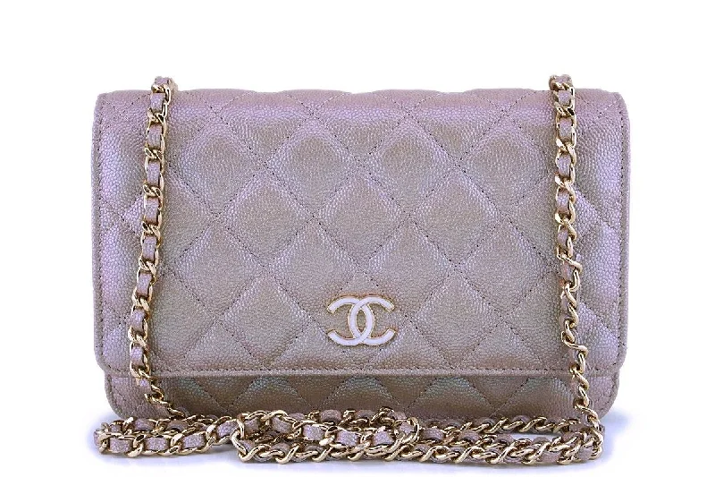 NIB 19S Chanel Iridescent Taupe Beige Rose Gold Pearly CC Wallet on Chain WOC Flap Bag