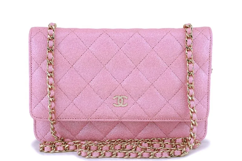 NIB 19S Chanel Pearly Iridescent Pink Caviar Classic Wallet on Chain WOC Bag GHW