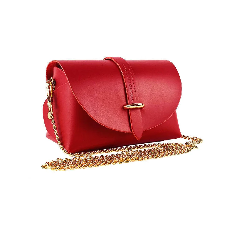 Small bag in genuine leather Made in Italy with removable shoulder strap and shiny gold metal closure loop - Red color