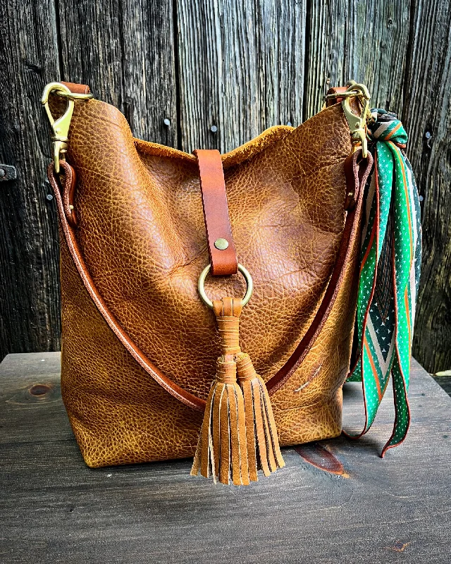 Barcelona Bucket Bag in Peanut Bison with Throwover Tassel