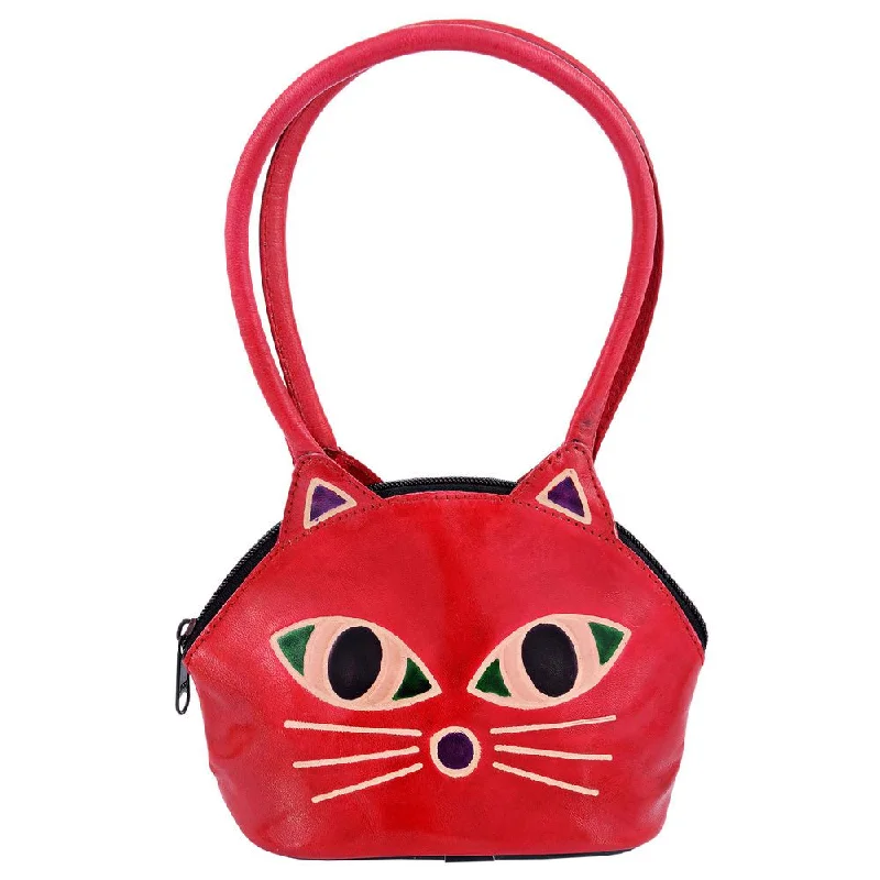 Indian Ethnic Soft Leather Red Color Cat Design Hand Bag