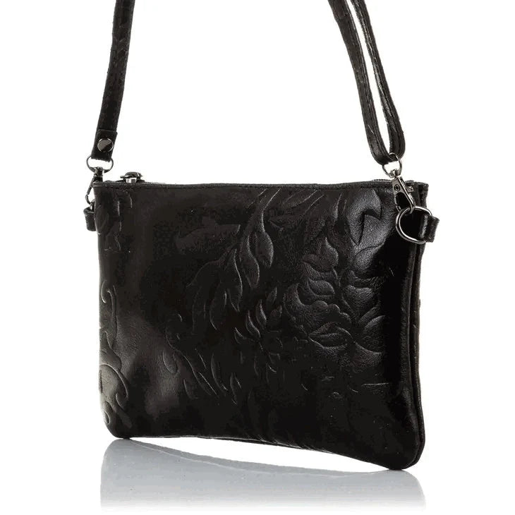 Italian Leather Suede Engraved Black Shoulder Bag