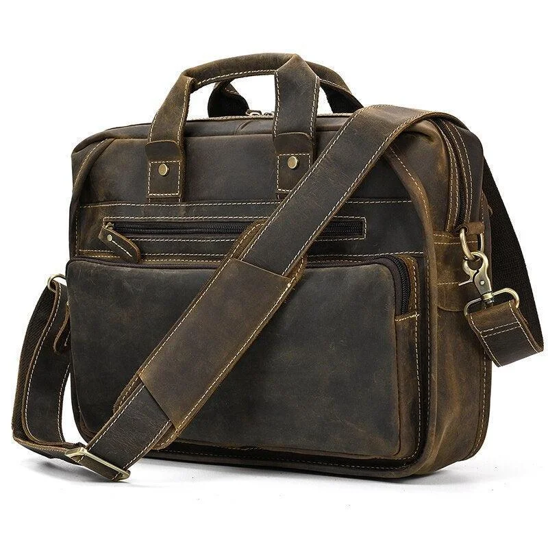 Mens Double Zipper Messenger Bag Leather Briefcase Shoulder