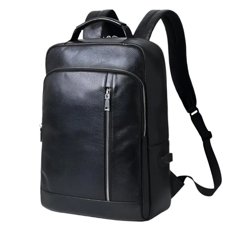 Mens Laptop Backpack Genuine Leather Usb Charger Waterproof